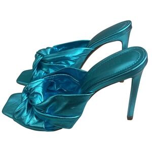 Schutz Mindy Metallic Turquoise Blue euc Leather Knotted Stiletto Mules Heels 7B